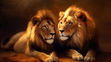 Lion couple in love. Portrait of a male and female lion.generative ai