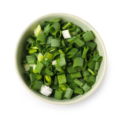 Bowl with fresh cut green onion on white background