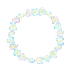 カラフルな紫陽花の花で作ったフラワーリース。水彩絵の具で描いた背景透過のイラスト。