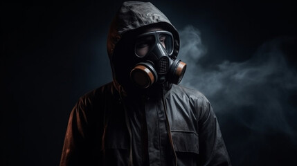Man in gas mask and hoodie on a dark background with smoke.generative ai