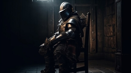 Fototapeta na wymiar Medieval knight sitting on a throne in the dark. Fantasy medieval period.generative ai