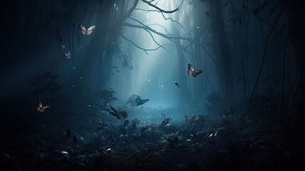 Mysterious forest in a fog at night.generative ai