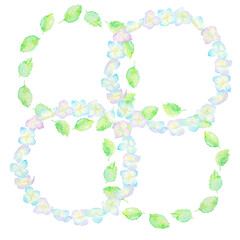 紫陽花の花と葉で作ったリースを折り重ねている。水彩絵の具で描いた背景透過のイラスト。