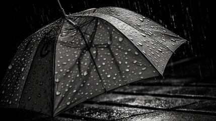 Raindrops on an umbrella in the rain. Black and white photo.generative ai