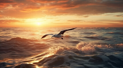 Seagull flying over the sea at sunset.generative ai