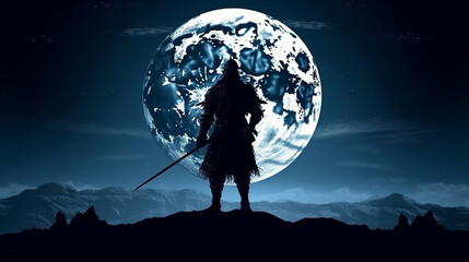 Silhouette of medieval knight in armor with sword against night background.generative ai