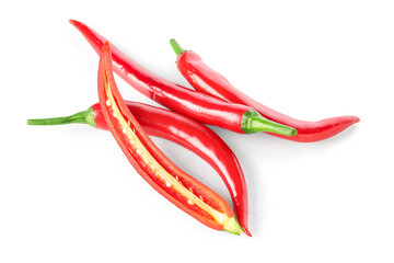 Sliced fresh chili peppers on white background