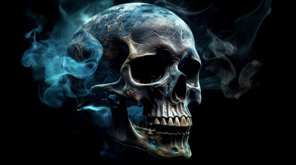 Human skull with blue smoke on black background.generative ai