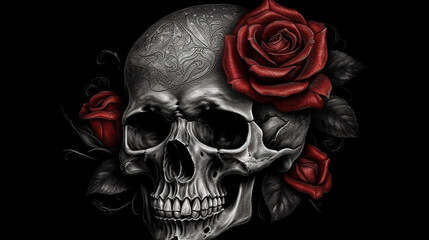 Skull with red roses on black background. Halloween concept.generative ai