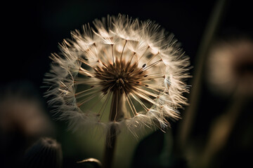 Fluffy dandelion with ripe seeds with parachute-like, structure. Beauty in nature. Spring plant. Generative AI