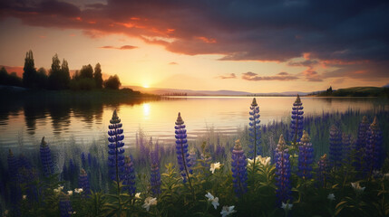 Lupine flowers on the background of the setting sun on the lake.generative ai