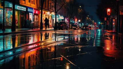 A city street at night with colorful reflections. Generative AI