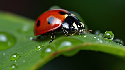 Fototapeta premium A close-up ladybug on a leaf with rain drops. Generative AI 