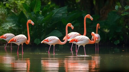 Fototapeta premium A group of Flamingos standing on a shallow pond. Generative AI