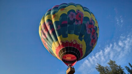 A hot air balloon with colorful patterns flying over the blue sky. Generative AI