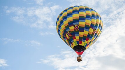 Naklejka premium A hot air balloon with colorful patterns flying over the blue sky. Generative AI