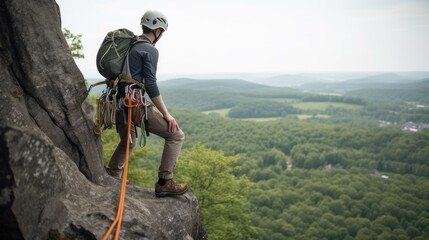 Obraz premium A rock climber on the top of the mountain. Generative AI 