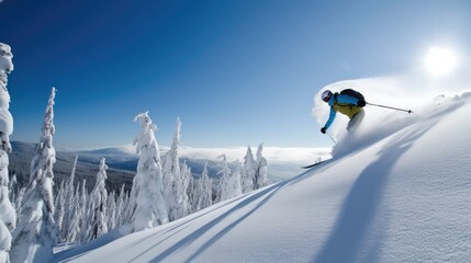 A person skiing on the snowy mountains with a blue sky.  Generative AI 