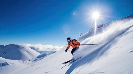 Naklejka na ściany i meble A person skiing on the snowy mountains with a blue sky. Generative AI 