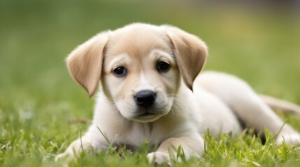 A white golden retriever puppy with floppy ears on green grass. Generative AI 