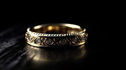 Wedding ring with diamonds on a black background close-upgenerative ai