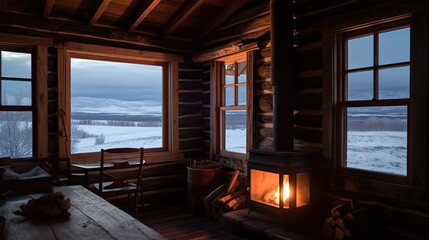 A rustic cabin with a fireplace and a snowy landscape. Generative AI