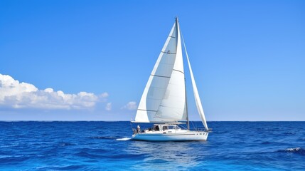 Fototapeta premium A white sailboat on a blue ocean background. Generative AI