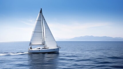 A white sailboat on a blue ocean background. Generative AI