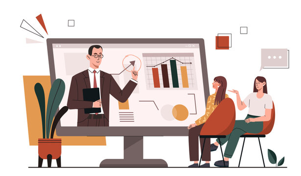 Digital presentation concept. Women look at monitor screen, man shows graphs and charts. Distance education, learning and training. Analyst shows market research. Cartoon flat vector illusstration