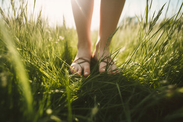 A woman's feet in a field of grass AI-generated art, Generative AI, illustration