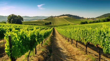 Fototapeta na wymiar A vineyard with rows of grape vines. Generative AI