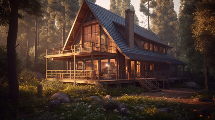 Wooden cottage in the forest at sunrise. generative ai