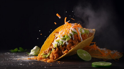 Crunchy fresh hot taco with flying ingredients isolated on black background. Close-up. Generative Ai.