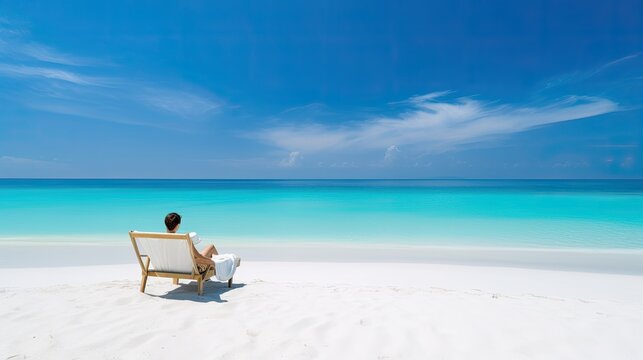 A person relaxing on the beach with white sand, blue water, and sky. Generative AI