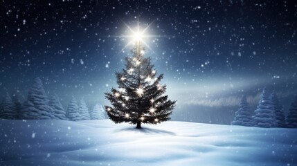 A Christmas tree in the snow with a glowing star on top. Generative AI