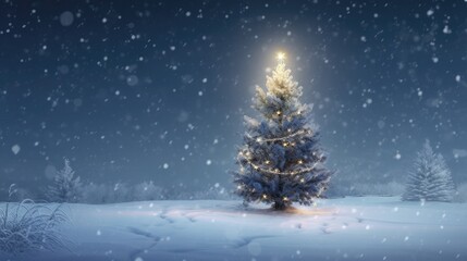 Fototapeta premium A glowing Christmas tree on a snowy background. Generative AI
