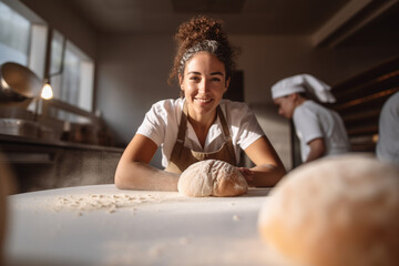 Casual photo of a female baker looking at the camera and working with dough, daylight, sun rays, dough dust, corporate photography. made with ai - obrazy, fototapety, plakaty