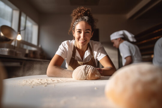 Casual photo of a female baker looking at the camera and working with dough, daylight, sun rays, dough dust, corporate photography. made with ai