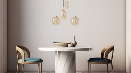 Interior design with marble round table and chairs. Modern dining room with beige wall. Cafe, bar or restaurant interior design. Home interior. 3d rendering