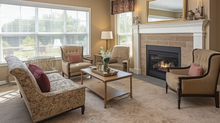 Fototapeta premium A modern living room with fireplace. Generative AI 