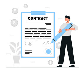 Man signing contract. Young guy with pen near document. Legal support of transaction and protection of rights. Metaphor of successful negotiation, digital, license. Cartoon flat vector illustration