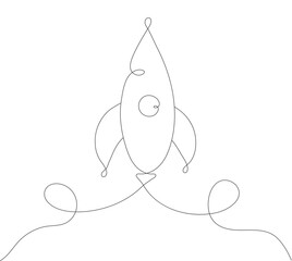 Rocket line concept. Minimalistic creativity and art. Exploration of galaxies and universes. Startup and business idea. One continuous line shuttle, outer space. Cartoon flat vector illustration