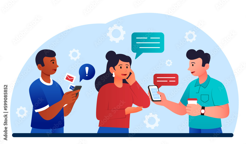 Poster people with phone. communication and interaction in social networks and instant messengers. men and 