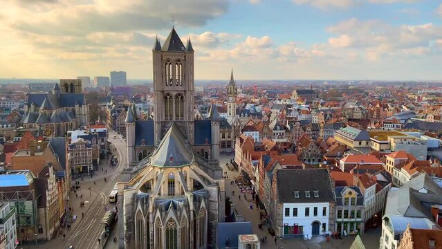 View from Belfort tower with St. Nicholas Church, Ghent, Belgium. March 2023 Generative AI