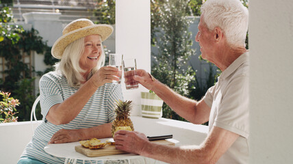 Cheers my love. a happy senior couple sitting outside together and toasting with water while enjoying a snack.