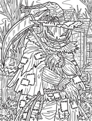 Halloween Scarecrow Scythe Adults Coloring Page Generative AI