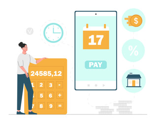 Monthly payments concept. Woman with calculator looks at screen of smartphone with calendar. Budget planning and regular payments online. Cartoon flat vector illustration