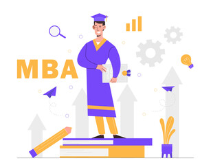 Master of business administration. Man in graduate cap stands with certificate or diploma. Successful and hardworking student and graduate, young specialist. Cartoon flat vector illustration