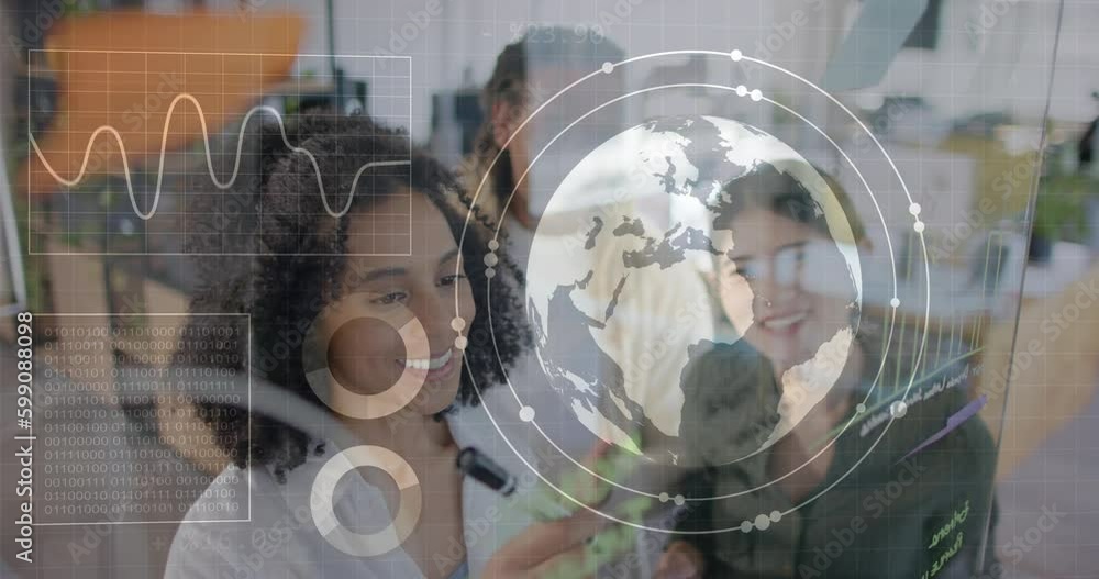 Aufkleber animation of data processing and globe over diverse business people brainstorming at office