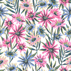 SEAMLESS HAND DRAWN DAISY FLOWER FLORAL GARDEN BOTANICAL PLANT LIGHT SOFT PATTERN SWATCH